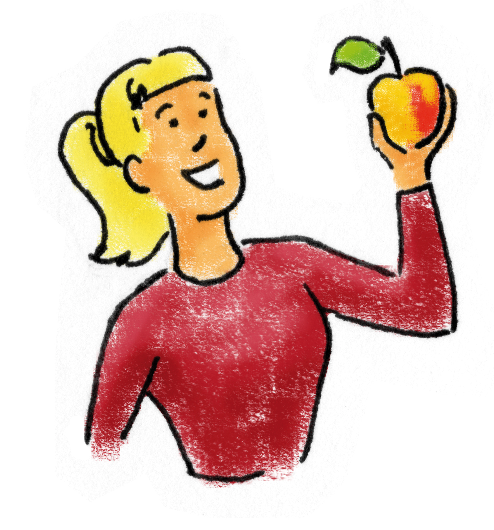 
    
            
                    Gemaltes Bild: Zu sehen ist der Oberkörper einer Frau di einen Apfel in der linken Hand hält und diesen betrachtet.
                
        

